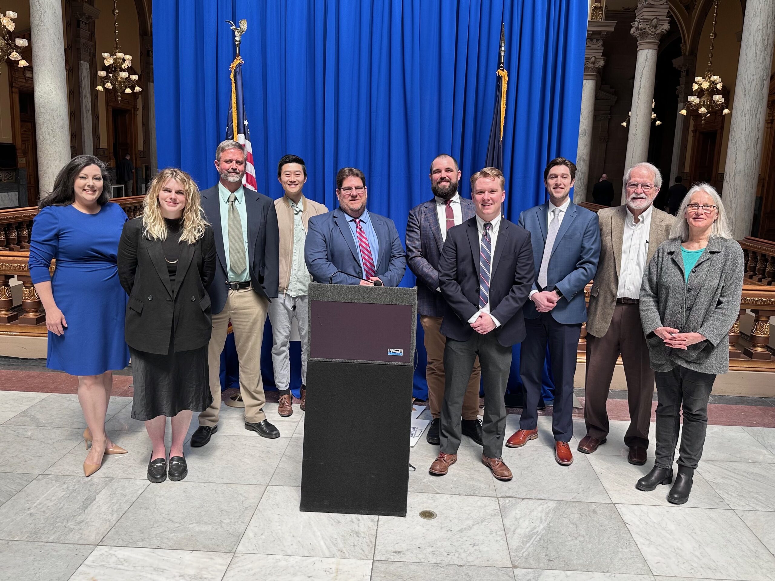 Photo of representatives of coalition groups at the kickoff of the Hoosiers for Community Solar event in April 2023 at the Indiana Statehouse