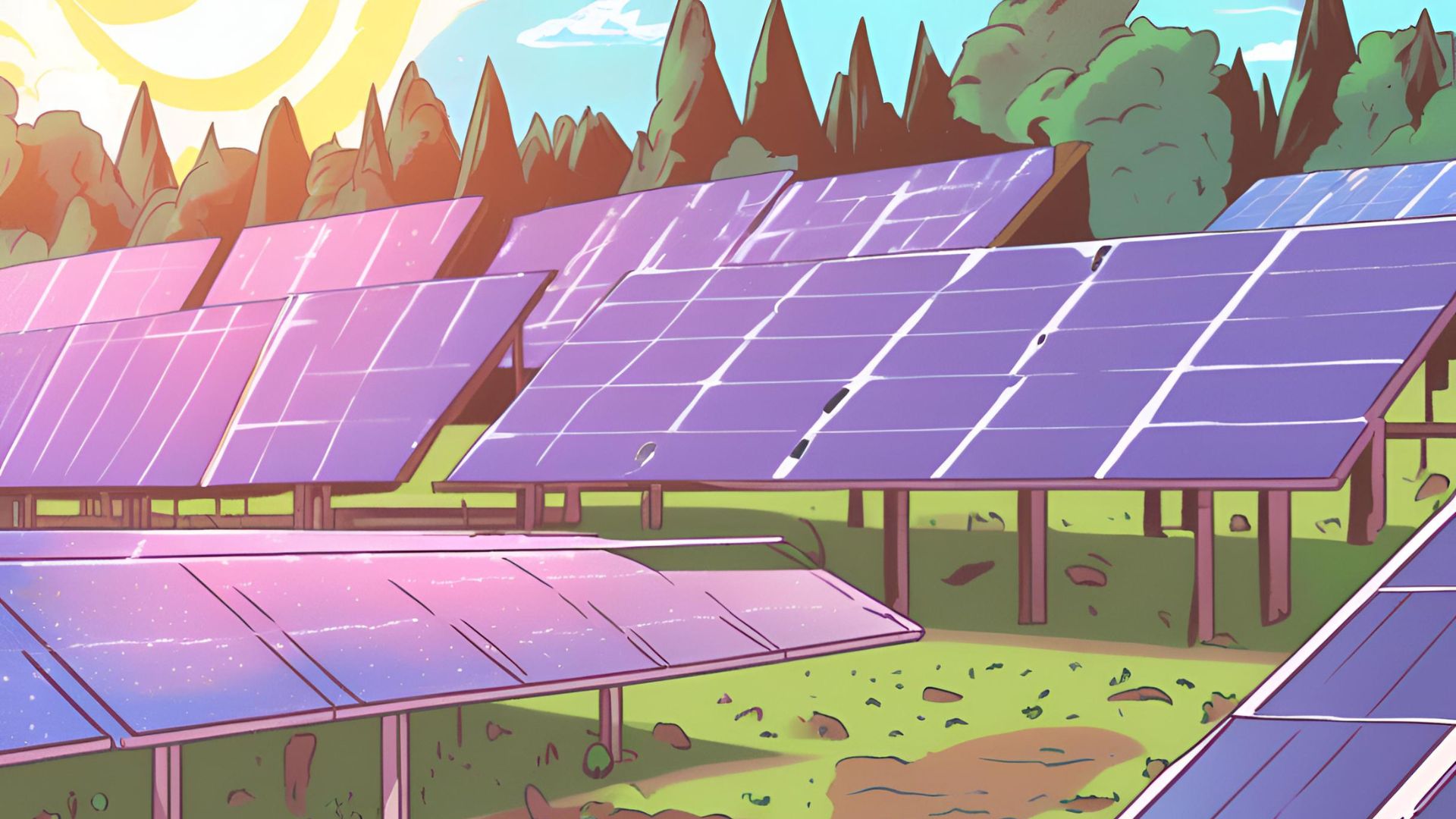 AI generated image of solar panels in a community solar display in a park with trees in the background and the sun shining. Graphic is in purple and green tones.